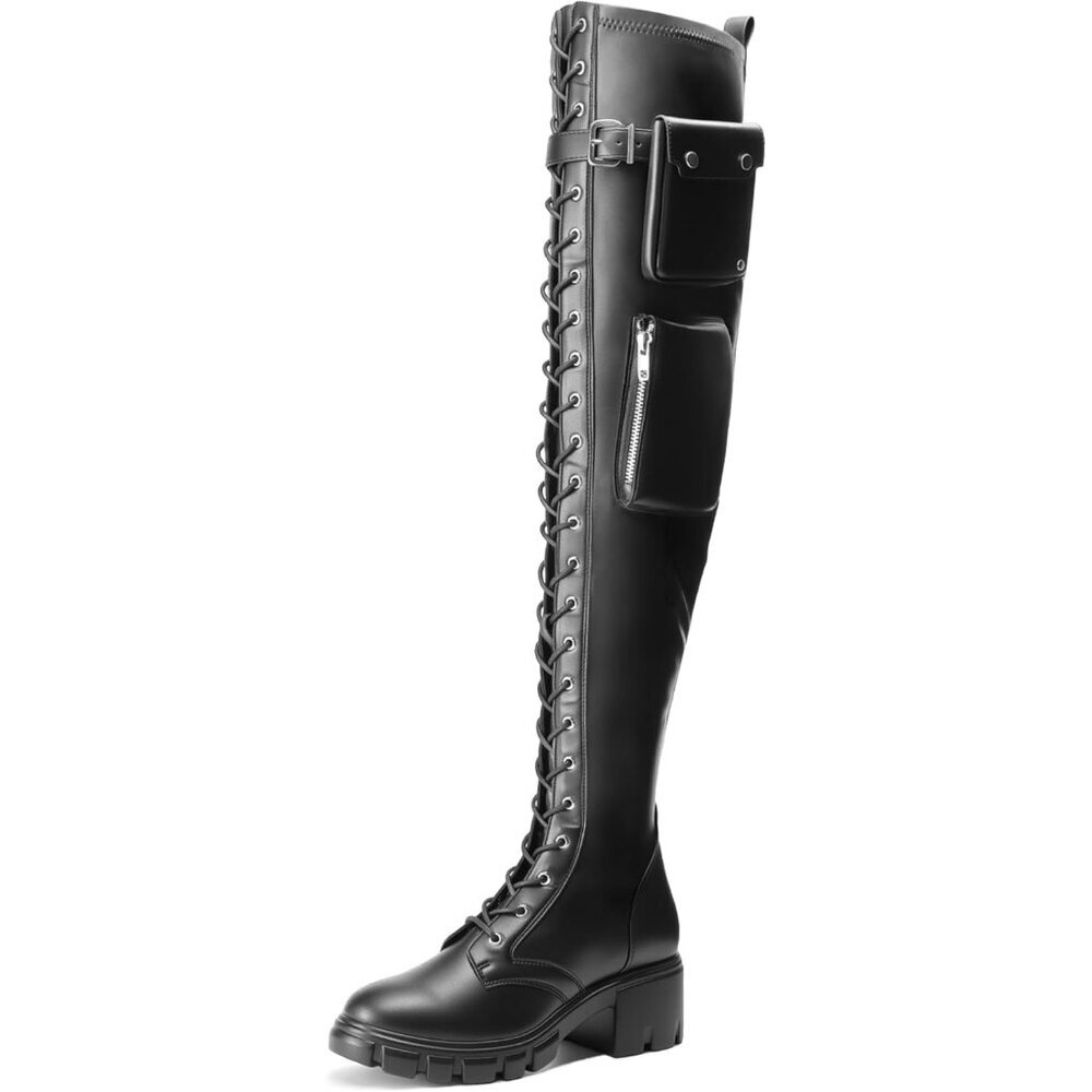 Women's Black Thigh High Boots Faux Leather Chunky Heel Over The Knee Boots